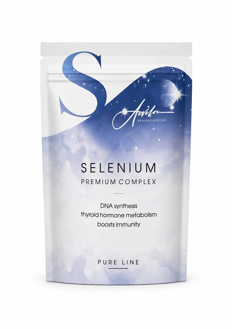 Бело-синяя упаковка линейки Acvelon Selenium Premium Complex; количество таблеток на фото не указано